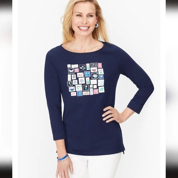 New TALBOTS sz. M Cotton Postage Stamp Novelty Tee Travel Comfy Casual Top Shirt - Picture 1 of 8